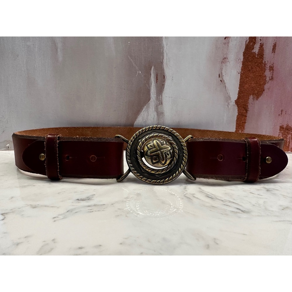 First Issue Vintage Brown Leather Belt Celtic Medallion Buckle Women 27" USA 90s